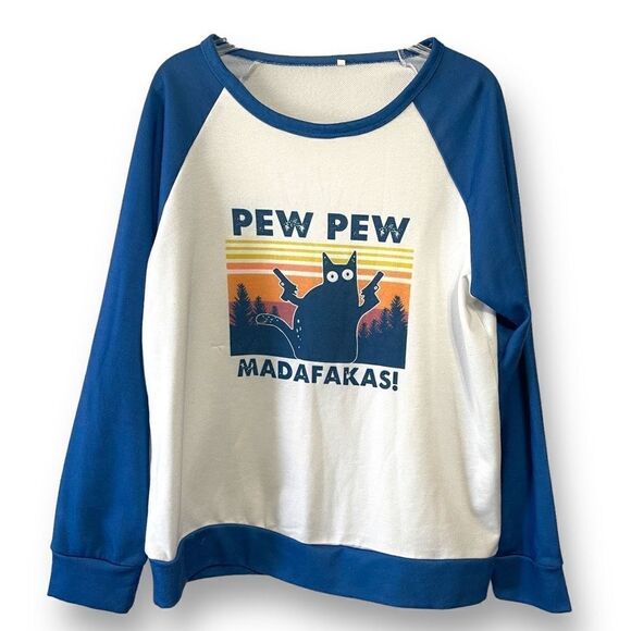 Black Cat Graphic Pew Pew Madafakas! Raglan Sweatshirt Blue & White XXL - Picture 1 of 8